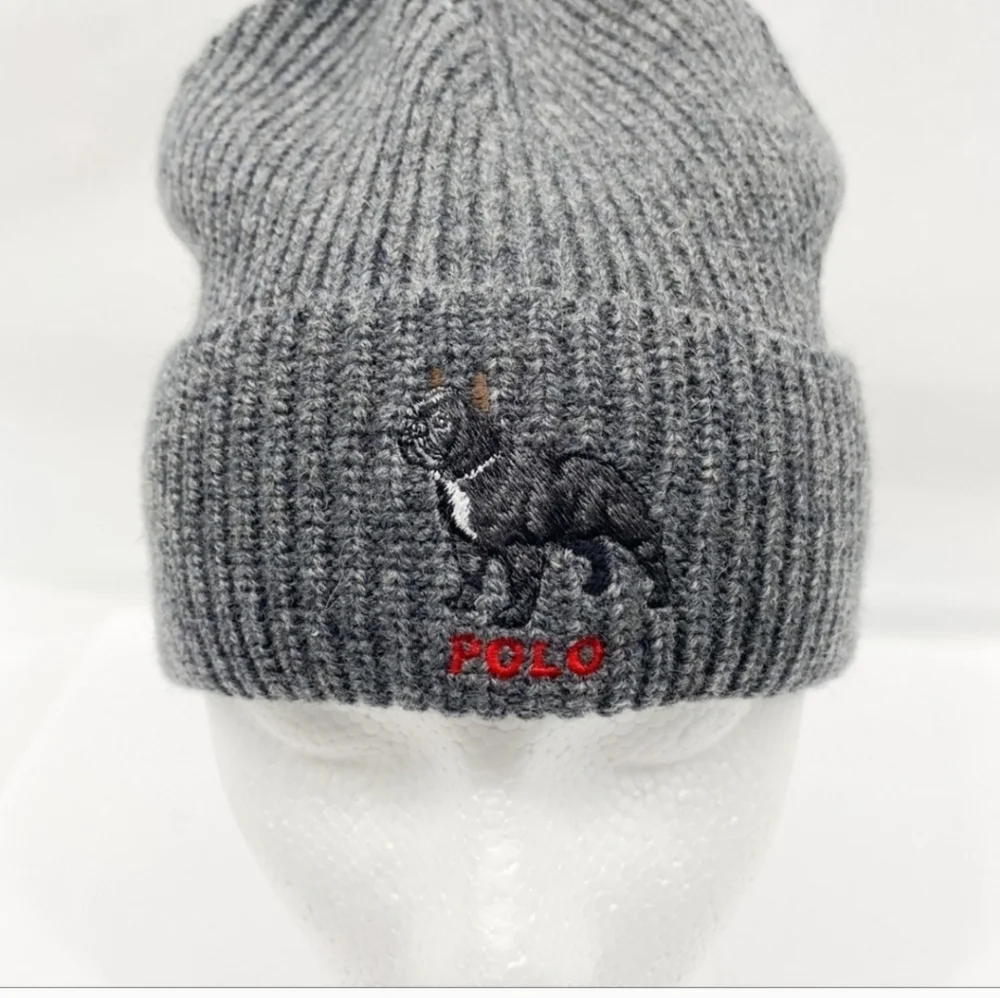 Polo Ralph Lauren Collectable Grey French Bulldog Dog Wool Beanie Hat NWOT